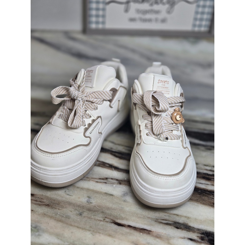 BEIER White Tan Platform Sneakers Chunky Low Top‎ Lace Up Bear  Striped Laces 40
